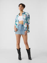 Women's Blue Casual Oversized Fit Printed Full Sleeves Shirt