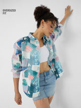 Women's Blue Casual Oversized Fit Printed Full Sleeves Shirt