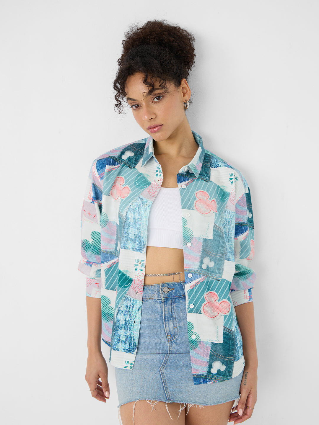 Women's Blue Casual Oversized Fit Printed Full Sleeves Shirt