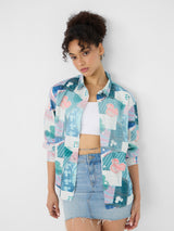 Women's Blue Casual Oversized Fit Printed Full Sleeves Shirt