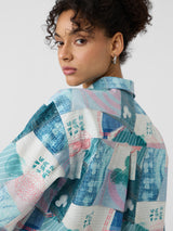 Women's Blue Casual Oversized Fit Printed Full Sleeves Shirt