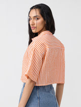 Women's Orange Casual Striped Half Sleeves Shirt