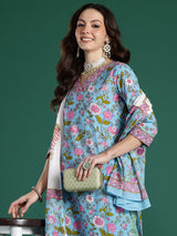 Women's Blue Printed Straight Kurta Trouser With Dupatta set
