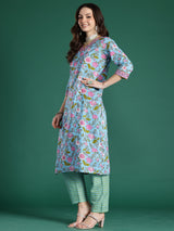 Women's Blue Printed Straight Kurta Trouser With Dupatta set