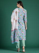 Women's Blue Printed Straight Kurta Trouser With Dupatta set