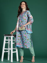 Women's Blue Printed Straight Kurta Trouser With Dupatta set