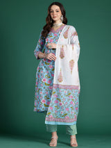 Women's Blue Printed Straight Kurta Trouser With Dupatta set