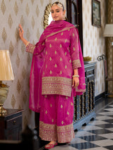 Women's Pink Embroidered Straight Kurta Pant With Dupatta Set