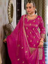 Women's Pink Embroidered Straight Kurta Pant With Dupatta Set