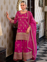 Women's Pink Embroidered Straight Kurta Pant With Dupatta Set
