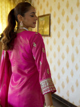 Women's Pink Embroidered Straight Kurta Pant With Dupatta Set
