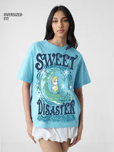 Women's Blue Casual Oversized Fit Printed Half Sleeves Tshirt