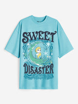 Women's Blue Casual Oversized Fit Printed Half Sleeves Tshirt