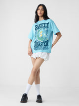 Women's Blue Casual Oversized Fit Printed Half Sleeves Tshirt