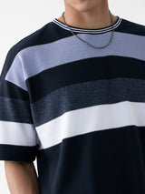 Men's Blue Casual Striped Oversized Fit Half Sleeves Tshirt
