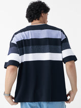 Men's Blue Casual Striped Oversized Fit Half Sleeves Tshirt