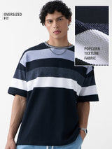 Men's Blue Casual Striped Oversized Fit Half Sleeves Tshirt