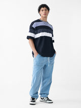 Men's Blue Casual Striped Oversized Fit Half Sleeves Tshirt