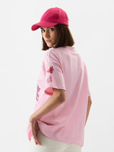 Women's Pink Casual Oversized Fit Graphic Half Sleeves Tshirt
