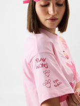 Women's Pink Casual Oversized Fit Graphic Half Sleeves Tshirt