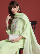 Women's Green Embroidered A-Line Kurta Trouser With Dupatta Set