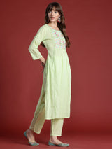 Women's Green Embroidered A-Line Kurta Trouser With Dupatta Set