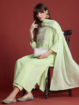 Women's Green Embroidered A-Line Kurta Trouser With Dupatta Set