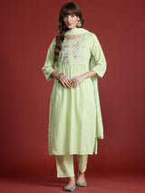 Women's Green Embroidered A-Line Kurta Trouser With Dupatta Set