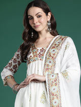 Women's White Printed A-Line Kurta Trouser With Dupatta Set