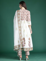 Women's White Printed A-Line Kurta Trouser With Dupatta Set