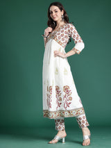 Women's White Printed A-Line Kurta Trouser With Dupatta Set