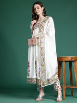 Women's White Printed A-Line Kurta Trouser With Dupatta Set