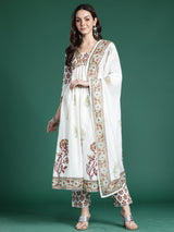 Women's White Printed A-Line Kurta Trouser With Dupatta Set