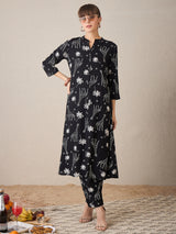 Women's Black Printed A-Line Kurta Trouser set