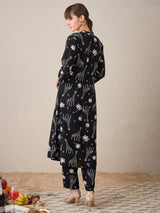 Women's Black Printed A-Line Kurta Trouser set