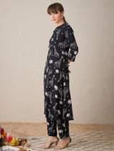 Women's Black Printed A-Line Kurta Trouser set