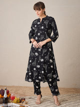 Women's Black Printed A-Line Kurta Trouser set