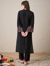 Women's Black Embroidered Straight Kurta Trousers Set