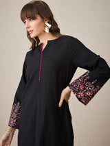 Women's Black Embroidered Straight Kurta Trousers Set