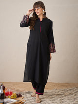 Women's Black Embroidered Straight Kurta Trousers Set