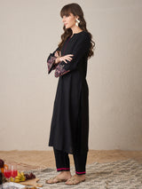Women's Black Embroidered Straight Kurta Trousers Set