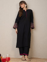 Women's Black Embroidered Straight Kurta Trousers Set