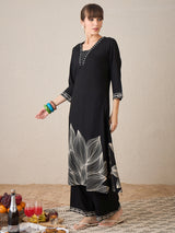 Women's Black Printed Straight Kurta Trousers Set