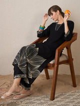 Women's Black Printed Straight Kurta Trousers Set