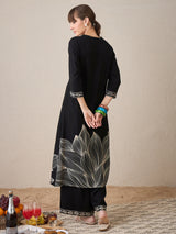 Women's Black Printed Straight Kurta Trousers Set