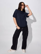 Women's Blue Casual Oversized Fit Solid Half Sleeves Tshirt