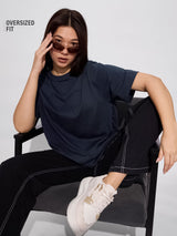 Women's Blue Casual Oversized Fit Solid Half Sleeves Tshirt