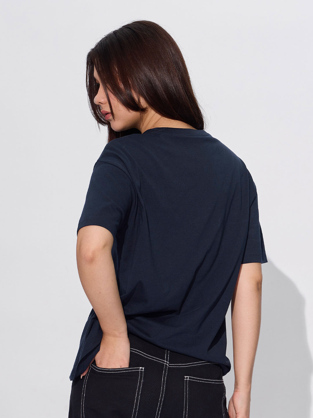 Women's Blue Casual Oversized Fit Solid Half Sleeves Tshirt