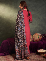 Women's Maroon Self Design Straight Kurta Trousers With Dupatta Set