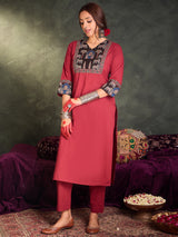 Women's Maroon Self Design Straight Kurta Trousers With Dupatta Set